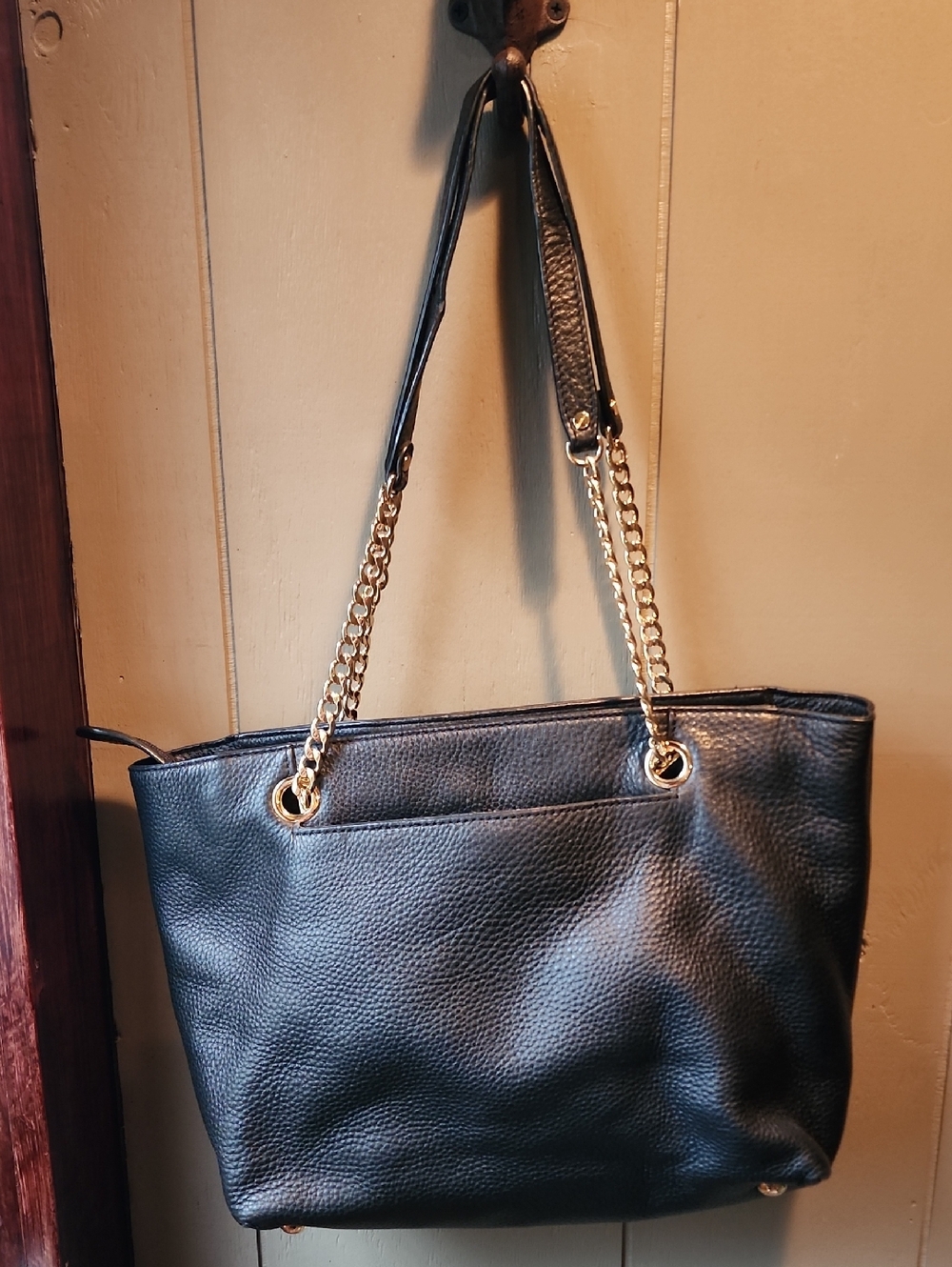Michael Kors Black Leather Tote with Gold Chain Handles - Picture 2 of 3